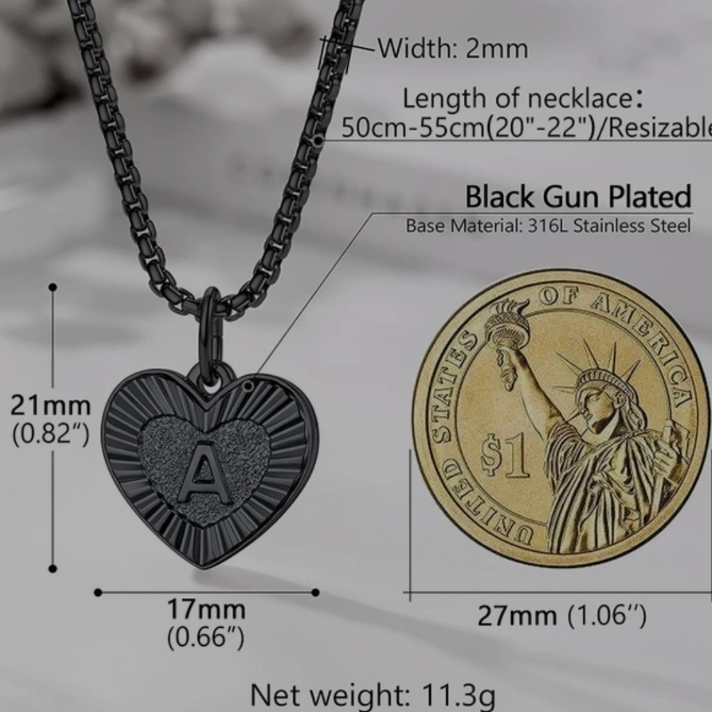 Chain Heart Black Stainless steel Necklace for Women Men Stylish new - Picture 2 of 5